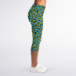 Teal And Yellow Leopard Pattern Print Women's Capri Leggings
