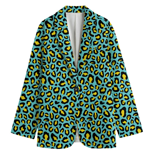 Teal And Yellow Leopard Pattern Print Women's Cotton Blazer