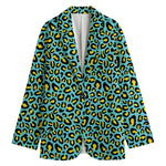 Teal And Yellow Leopard Pattern Print Women's Cotton Blazer