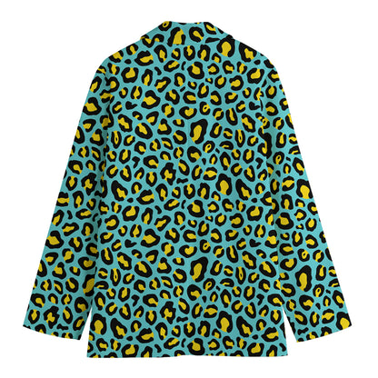 Teal And Yellow Leopard Pattern Print Women's Cotton Blazer
