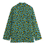 Teal And Yellow Leopard Pattern Print Women's Cotton Blazer