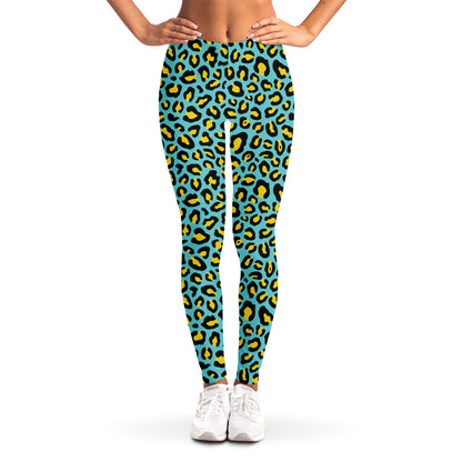 Teal And Yellow Leopard Pattern Print Women's Leggings
