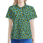 Teal And Yellow Leopard Pattern Print Women's Polo Shirt