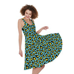 Teal And Yellow Leopard Pattern Print Women's Sleeveless Dress