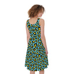 Teal And Yellow Leopard Pattern Print Women's Sleeveless Dress