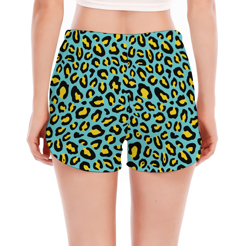Teal And Yellow Leopard Pattern Print Women's Split Running Shorts