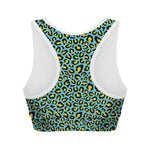 Teal And Yellow Leopard Pattern Print Women's Sports Bra
