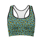 Teal And Yellow Leopard Pattern Print Women's Sports Bra