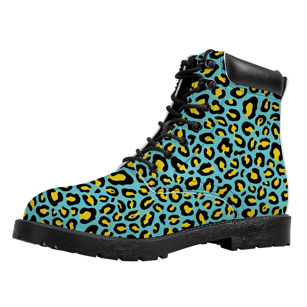 Teal And Yellow Leopard Pattern Print Work Boots