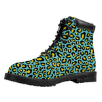 Teal And Yellow Leopard Pattern Print Work Boots