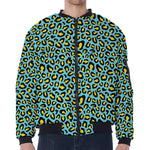 Teal And Yellow Leopard Pattern Print Zip Sleeve Bomber Jacket