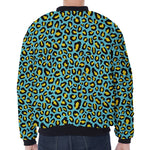 Teal And Yellow Leopard Pattern Print Zip Sleeve Bomber Jacket