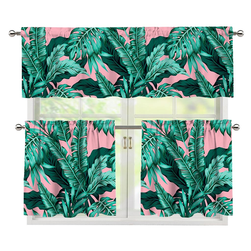 Teal Banana Leaves Pattern Print 3 Piece Kitchen Curtains