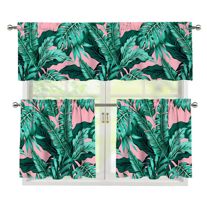 Teal Banana Leaves Pattern Print 3 Piece Kitchen Curtains