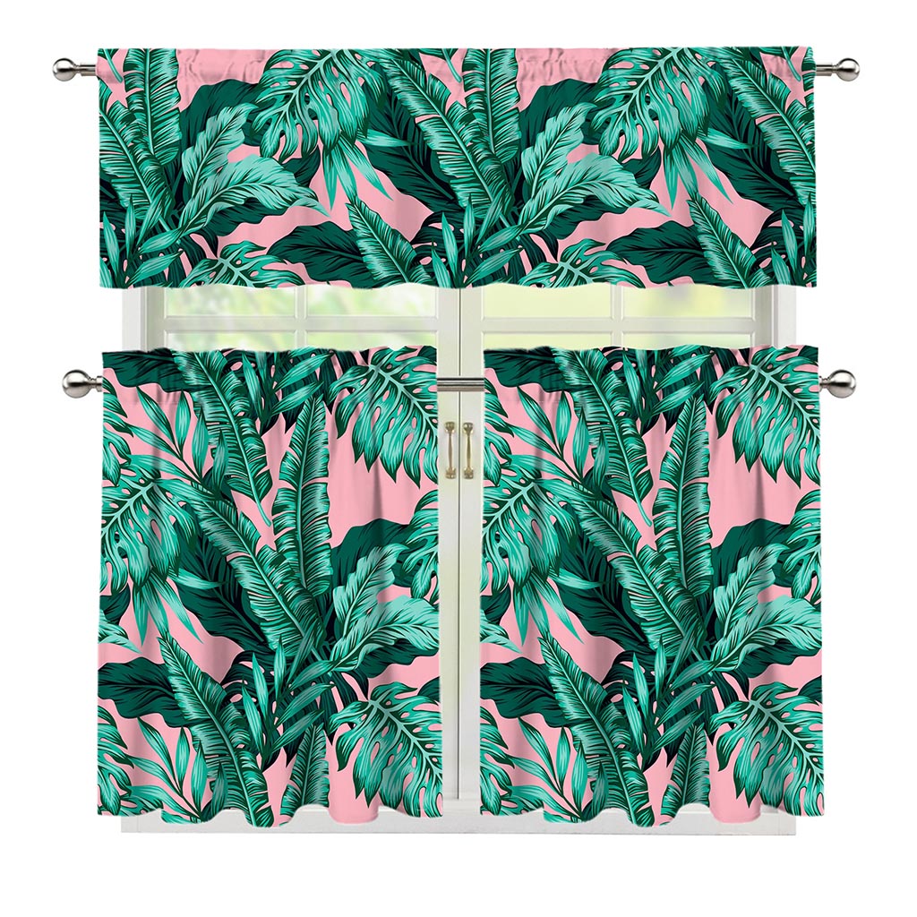 Teal Banana Leaves Pattern Print 3 Piece Kitchen Curtains