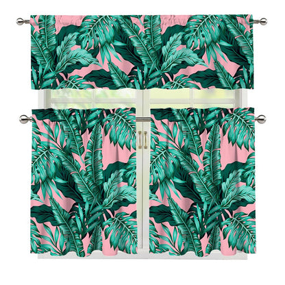 Teal Banana Leaves Pattern Print 3 Piece Kitchen Curtains