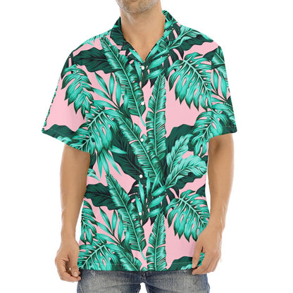 Teal Banana Leaves Pattern Print Aloha Shirt