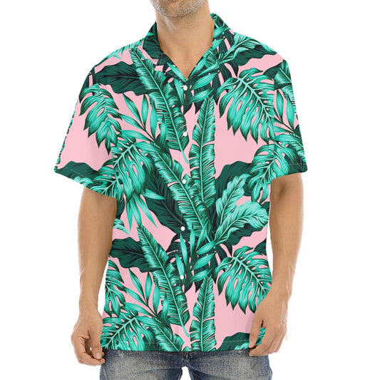 Teal Banana Leaves Pattern Print Aloha Shirt
