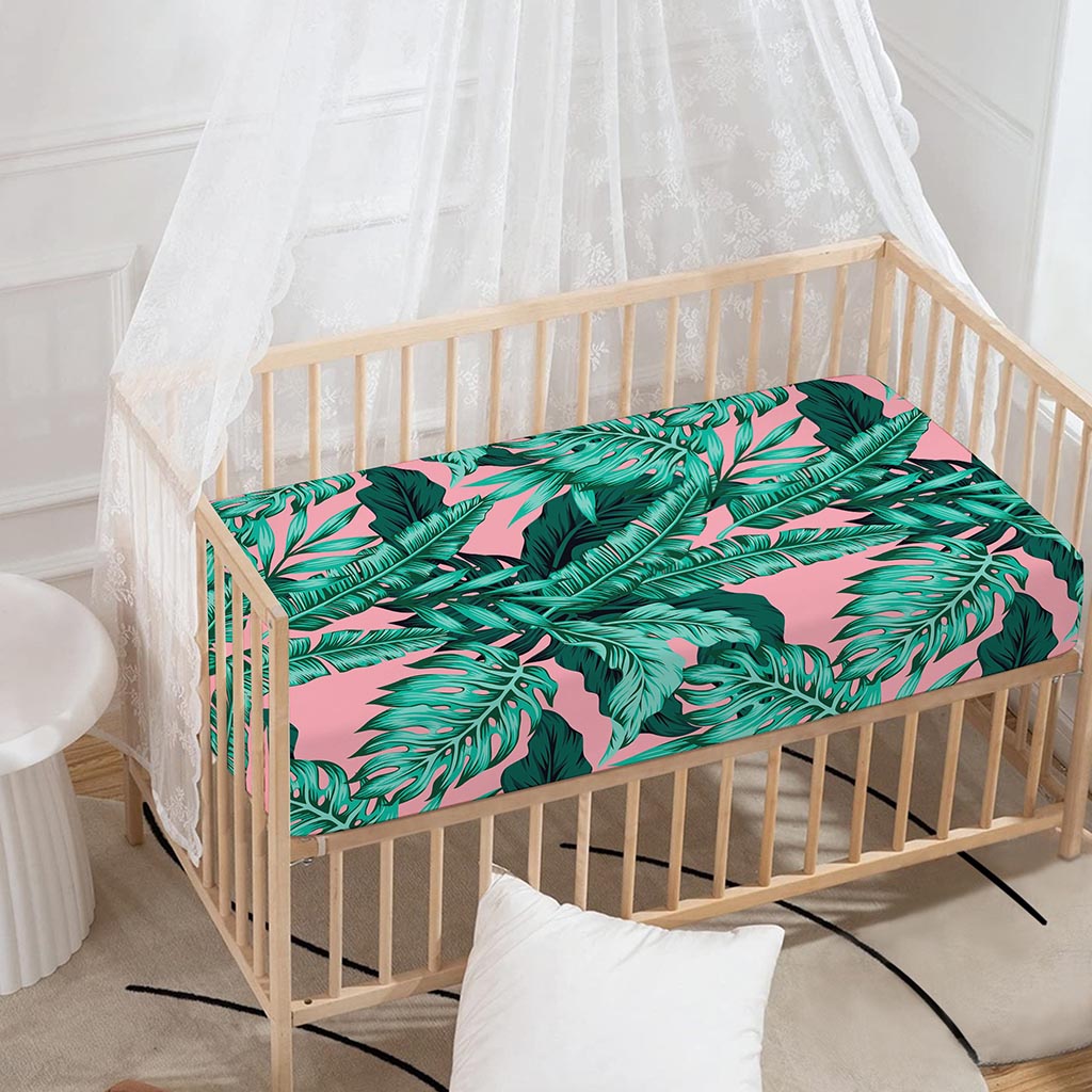 Teal Banana Leaves Pattern Print Baby Crib Sheet