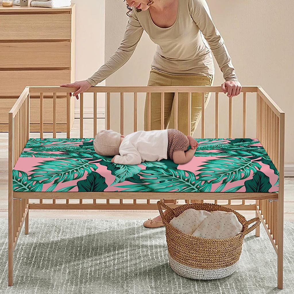 Teal Banana Leaves Pattern Print Baby Crib Sheet