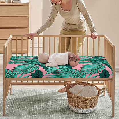 Teal Banana Leaves Pattern Print Baby Crib Sheet
