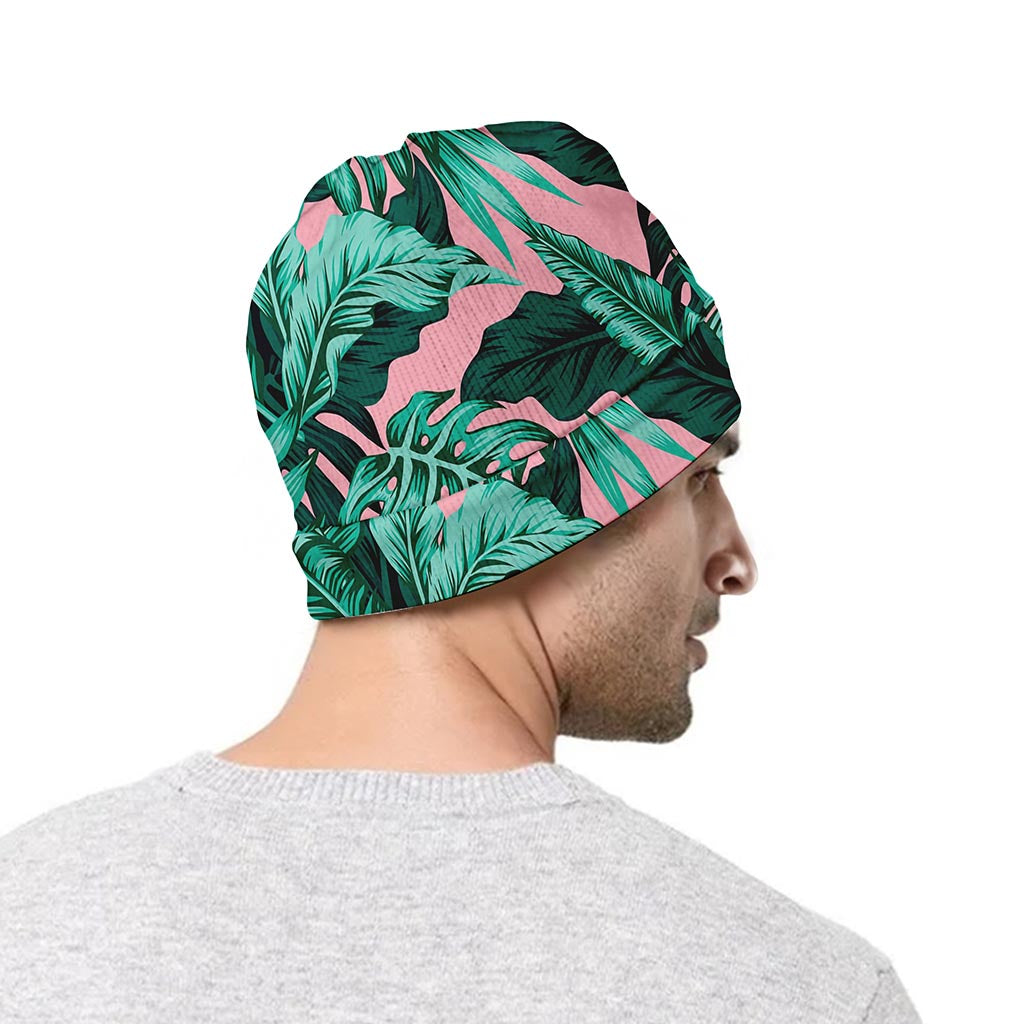 Teal Banana Leaves Pattern Print Beanie