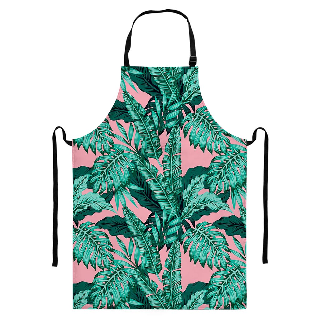 Teal Banana Leaves Pattern Print Bib Apron With Pocket