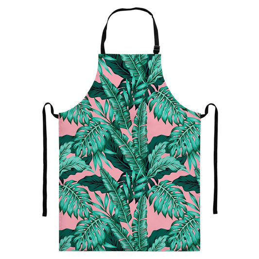 Teal Banana Leaves Pattern Print Bib Apron With Pocket