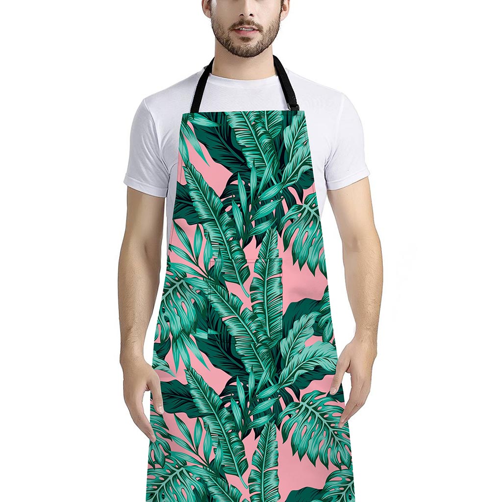 Teal Banana Leaves Pattern Print Bib Apron With Pocket