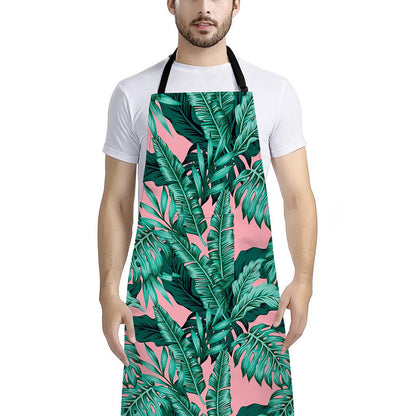 Teal Banana Leaves Pattern Print Bib Apron With Pocket