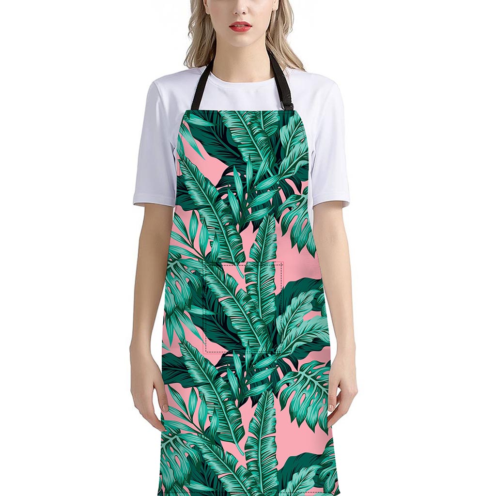 Teal Banana Leaves Pattern Print Bib Apron With Pocket