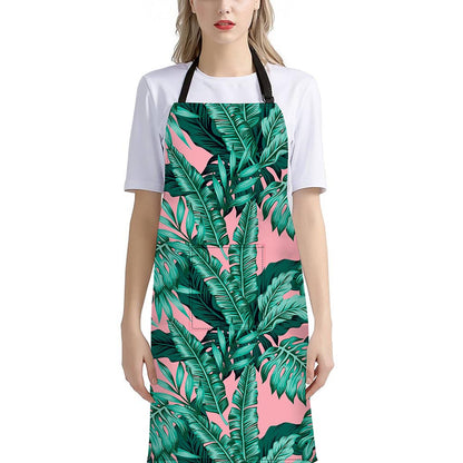 Teal Banana Leaves Pattern Print Bib Apron With Pocket