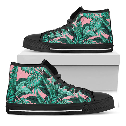 Teal Banana Leaves Pattern Print Black High Top Sneakers