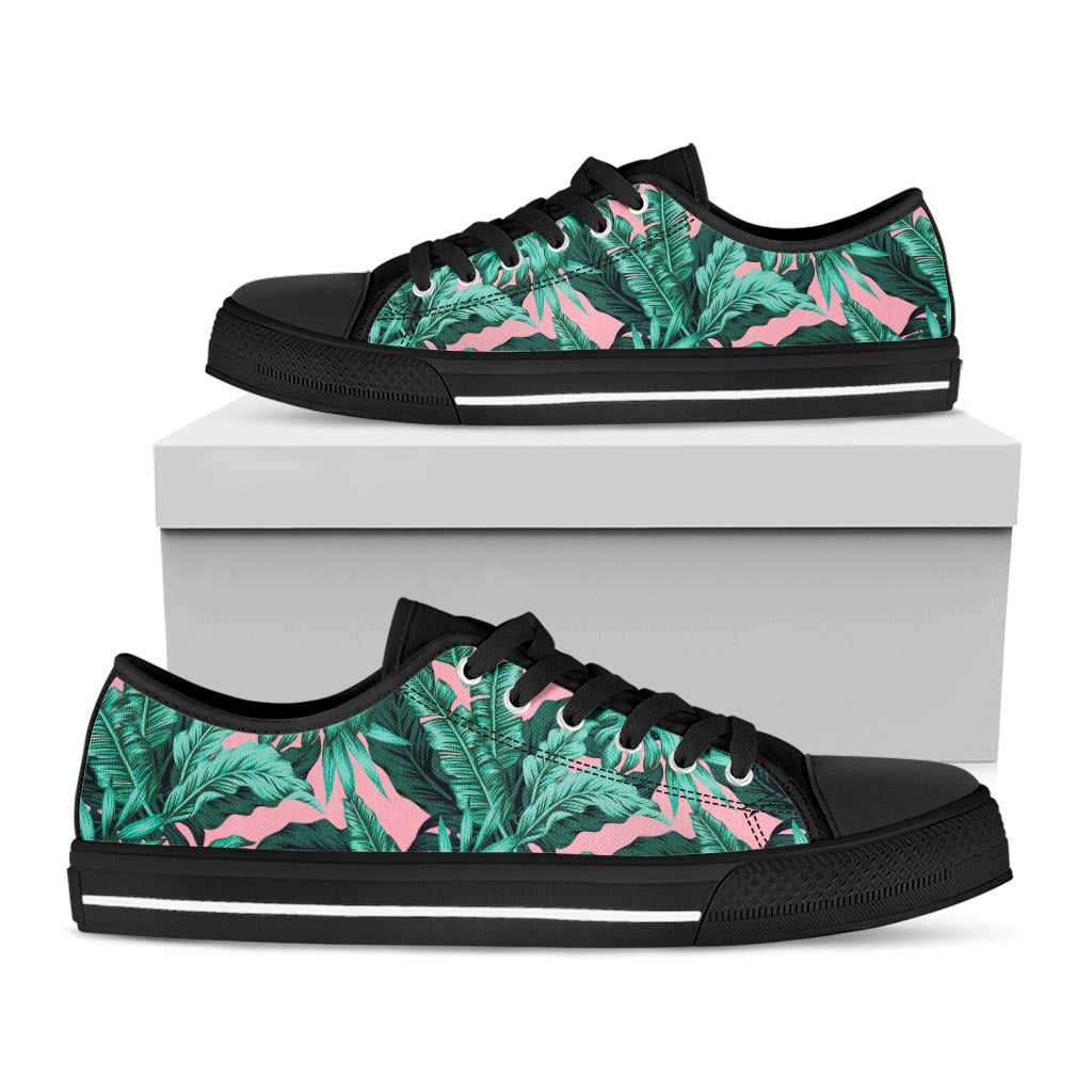 Teal Banana Leaves Pattern Print Black Low Top Sneakers