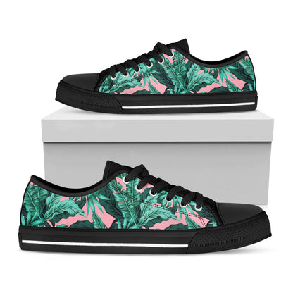 Teal Banana Leaves Pattern Print Black Low Top Sneakers