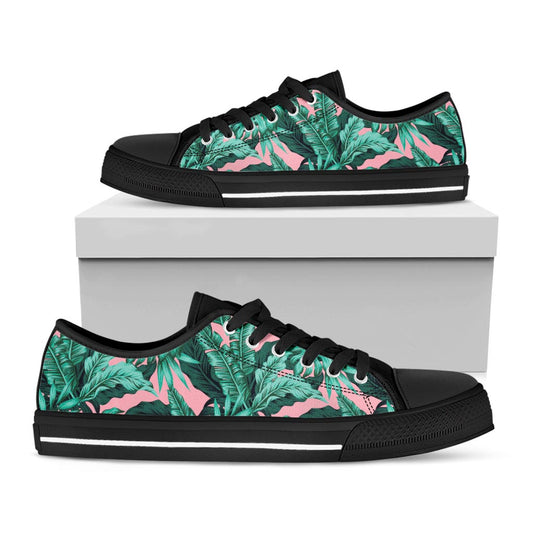 Teal Banana Leaves Pattern Print Black Low Top Sneakers