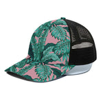 Teal Banana Leaves Pattern Print Black Mesh Trucker Cap