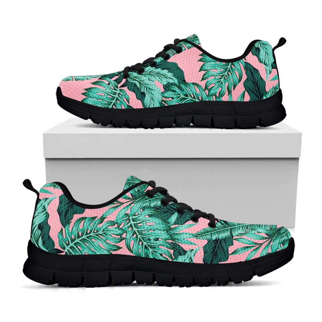 Teal Banana Leaves Pattern Print Black Running Shoes
