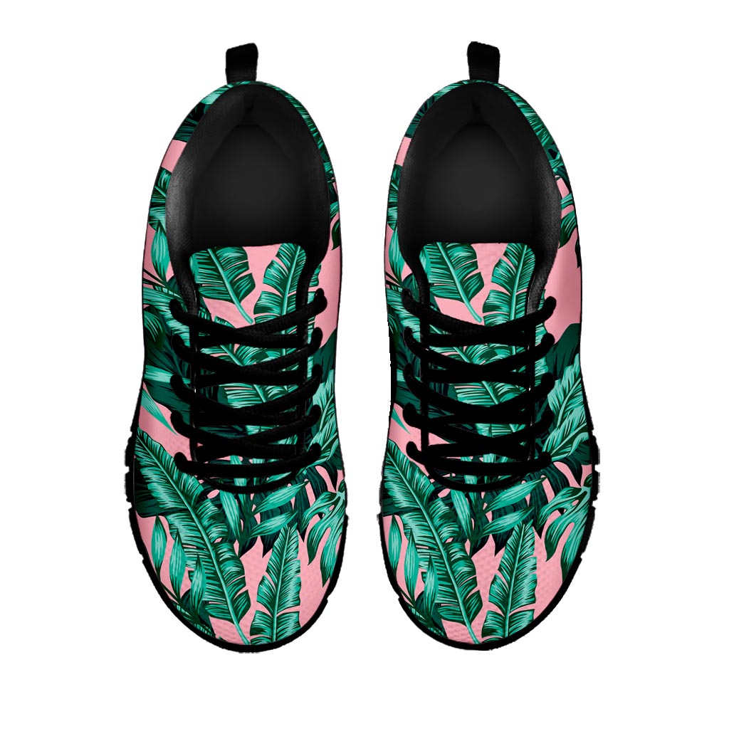 Teal Banana Leaves Pattern Print Black Running Shoes