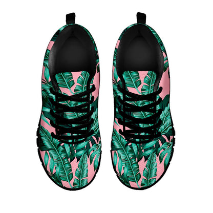 Teal Banana Leaves Pattern Print Black Running Shoes