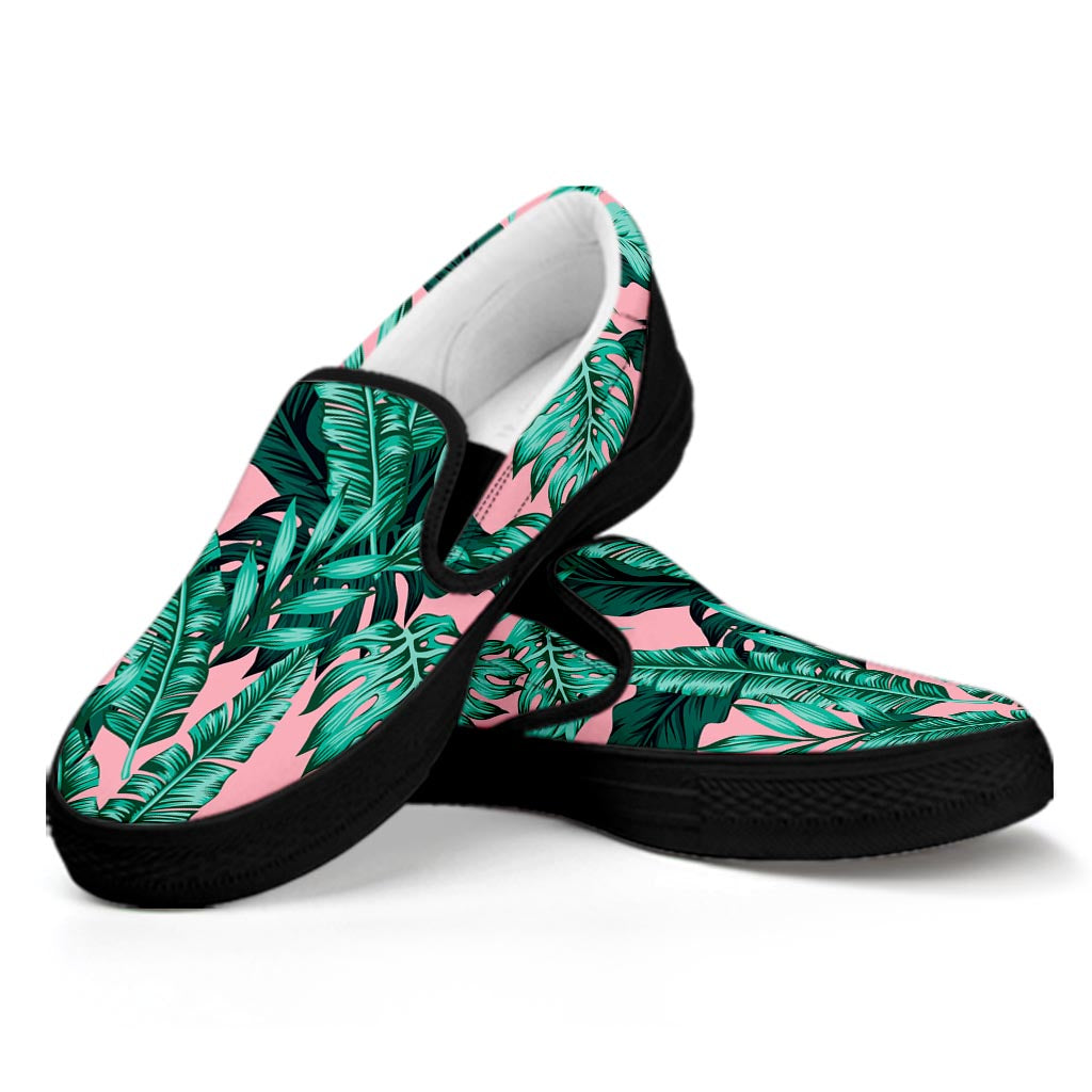 Teal Banana Leaves Pattern Print Black Slip On Sneakers