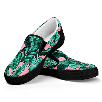 Teal Banana Leaves Pattern Print Black Slip On Sneakers