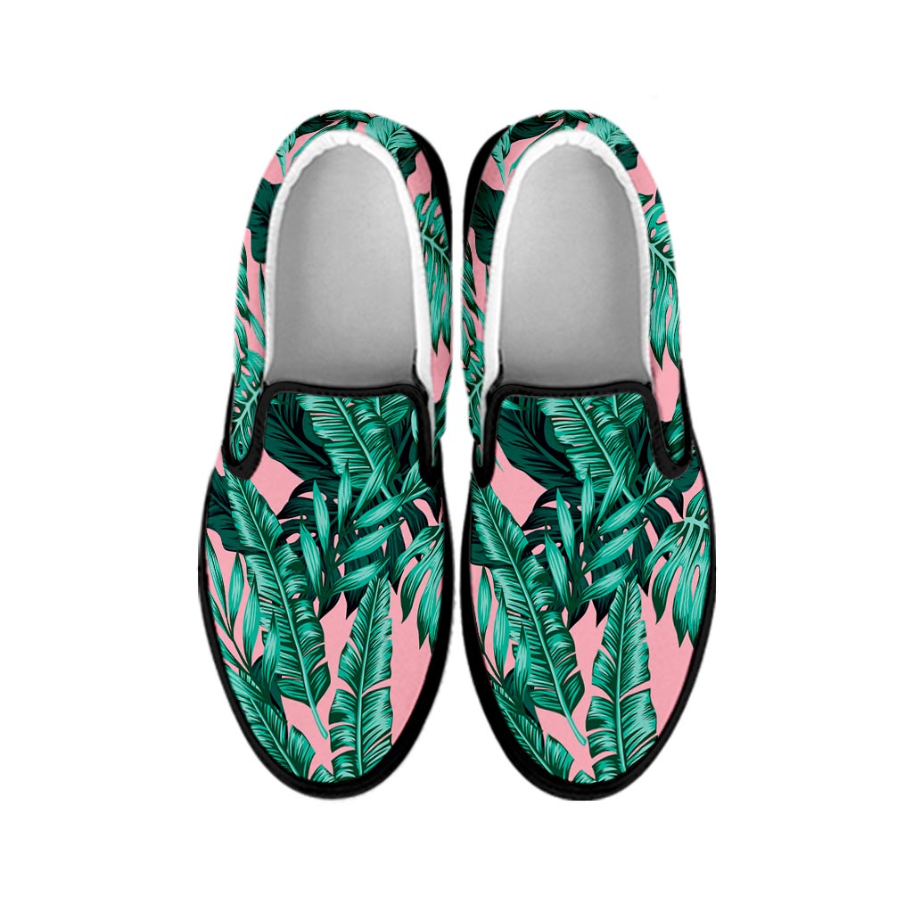 Teal Banana Leaves Pattern Print Black Slip On Sneakers