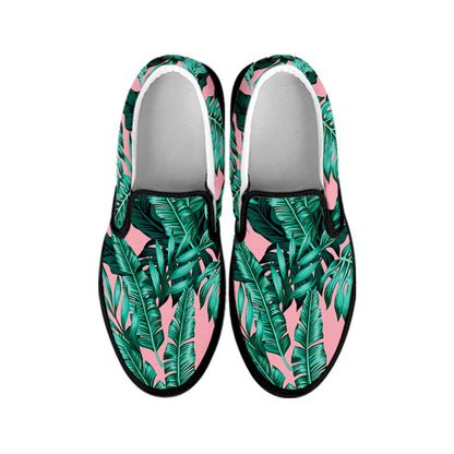 Teal Banana Leaves Pattern Print Black Slip On Sneakers