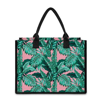 Teal Banana Leaves Pattern Print Canvas Tote Bag