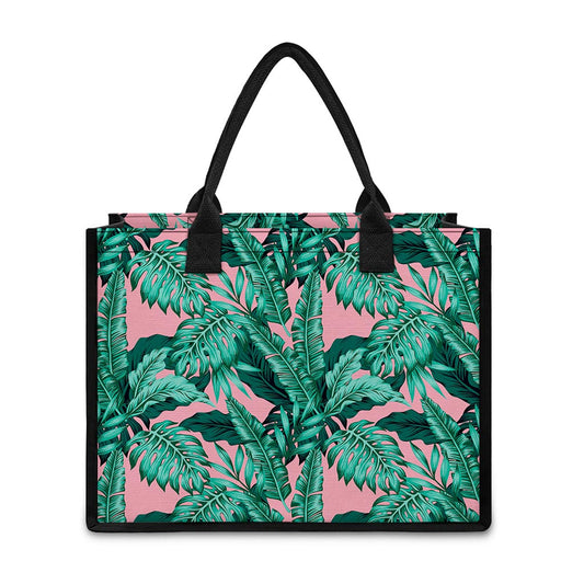 Teal Banana Leaves Pattern Print Canvas Tote Bag