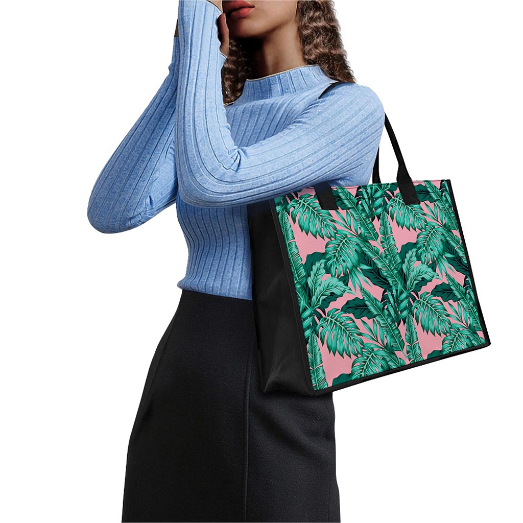 Teal Banana Leaves Pattern Print Canvas Tote Bag