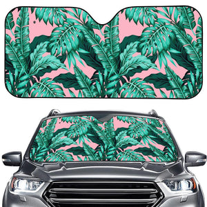 Teal Banana Leaves Pattern Print Car Windshield Sun Shade