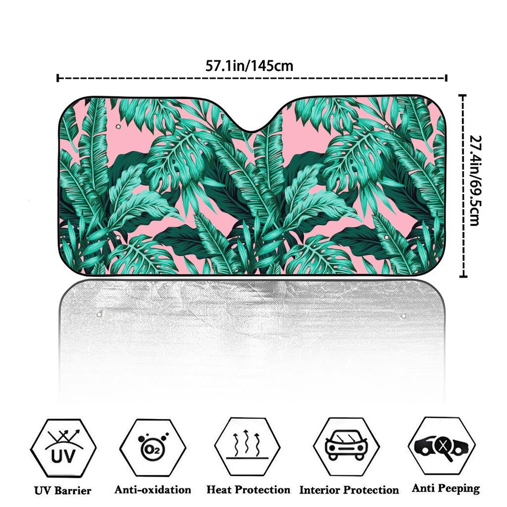 Teal Banana Leaves Pattern Print Car Windshield Sun Shade