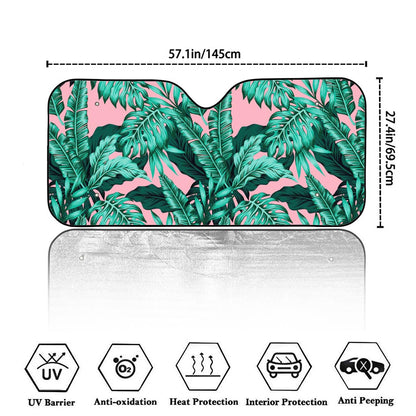 Teal Banana Leaves Pattern Print Car Windshield Sun Shade